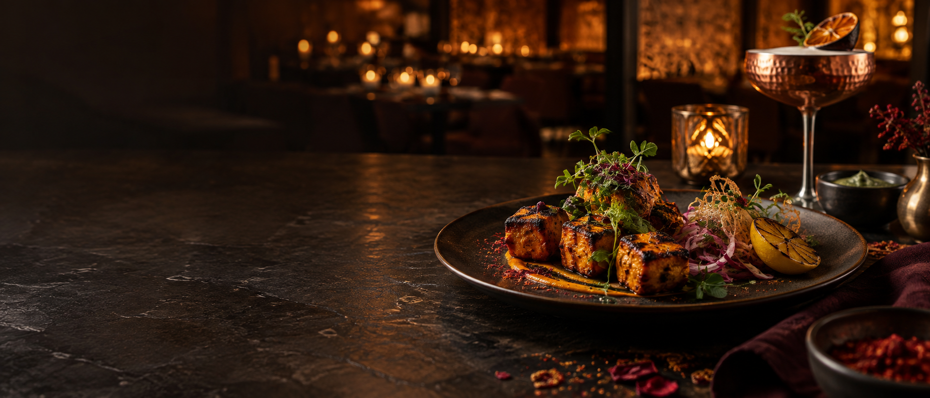 Illustrative tandoor-inspired dish with a cocktail
